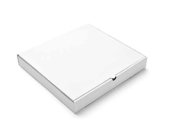 close up of a white pizza box template on white background